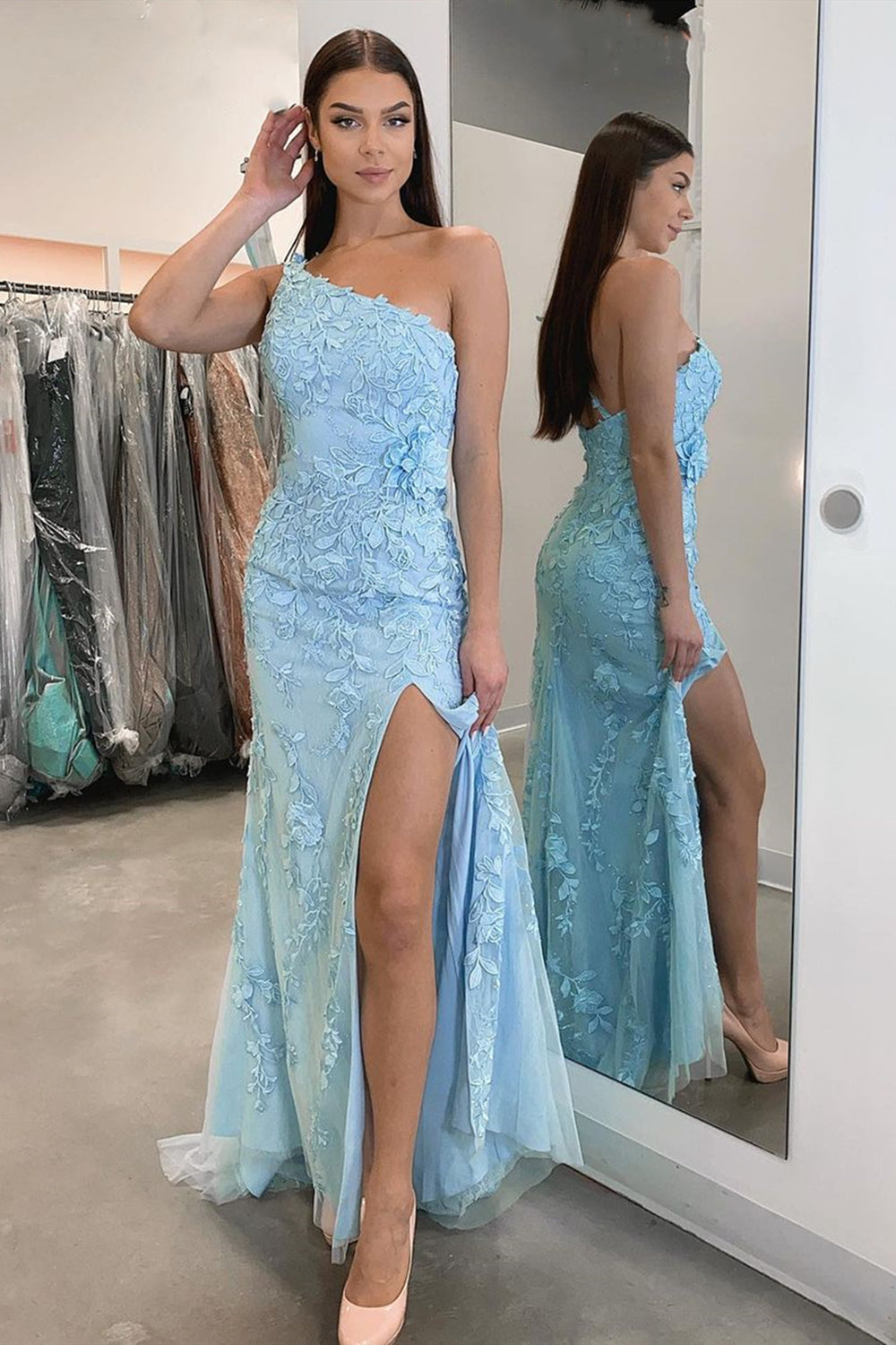 One Shoulder Mermaid Light Blue Lace ...